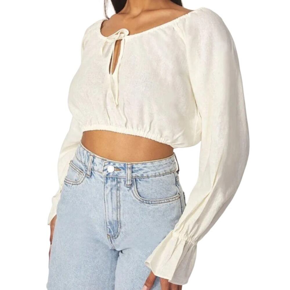 WeWoreWhat On/Off Shoulder Top Tie Front Linen Blend Whisper White Sz Large New